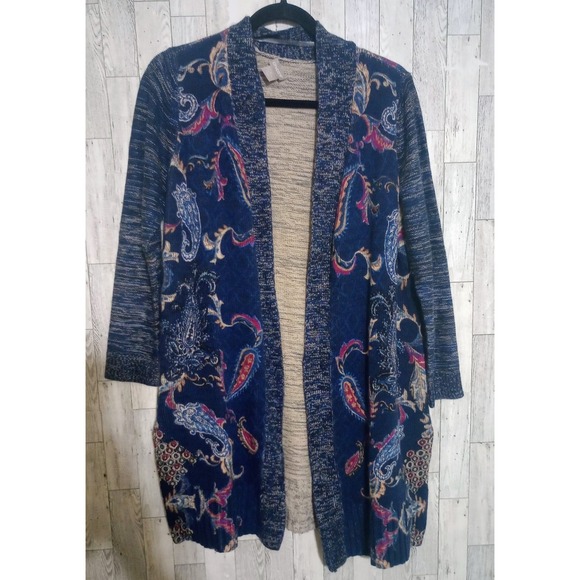 Chico's Long Cardigan Blue Paisley Open Front Long Line Sweater Size 1P (MedP) - Picture 1 of 4